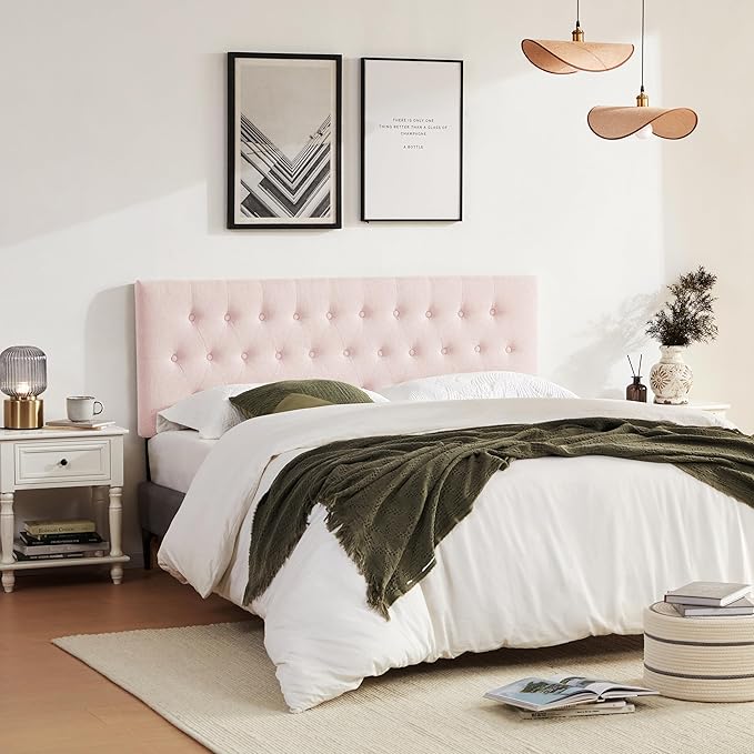 Tufted Upholstered Headboard Queen Size, Solid Wood Head Board with Durable Metal Legs, Adjustable Height Bed headboard from 37” to 51” Fabric Headboard in Modern Button Design, Pink
