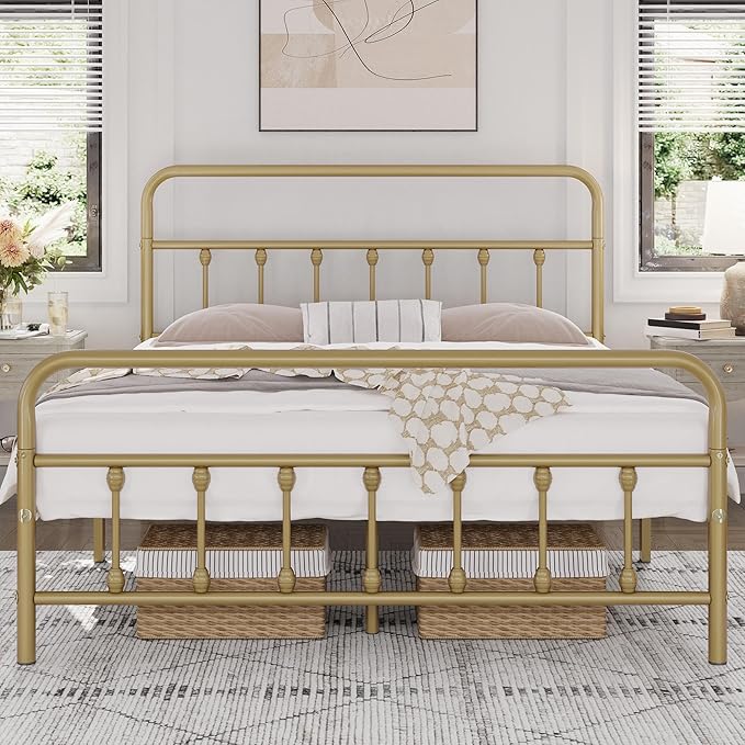 Yaheetech Classic Metal Platform Bed Frame Mattress Foundation with Victorian Style Iron-Art Headboard/Footboard/Under Bed Storage No Box Spring Needed Full Size Antique Gold