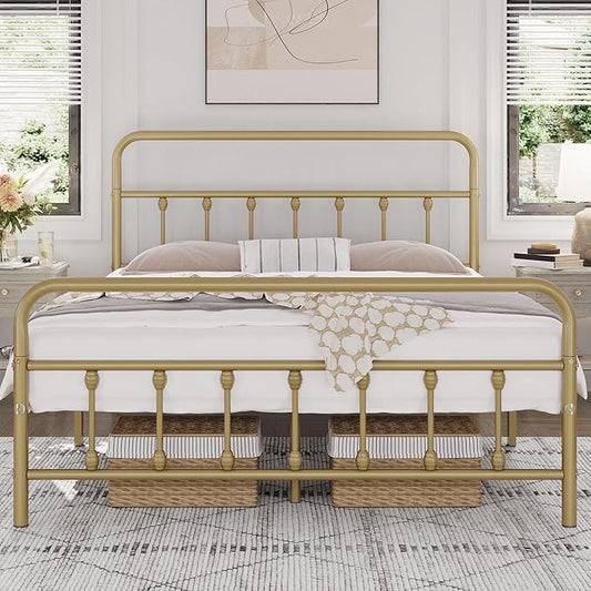 Yaheetech Classic Metal Platform Bed Frame Mattress Foundation with Victorian Style Iron-Art Headboard/Footboard/Under Bed Storage No Box Spring Needed Full Size Antique Gold