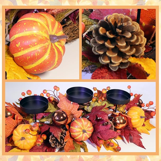 Fall Candle Holder Centerpiece for Table – Thanksgiving Table Decor with Pumpkins, Maple Leaves,Autumn Harvest Decoration with 3 Candle Holders for Dining Table, Fireplace & Home Decor