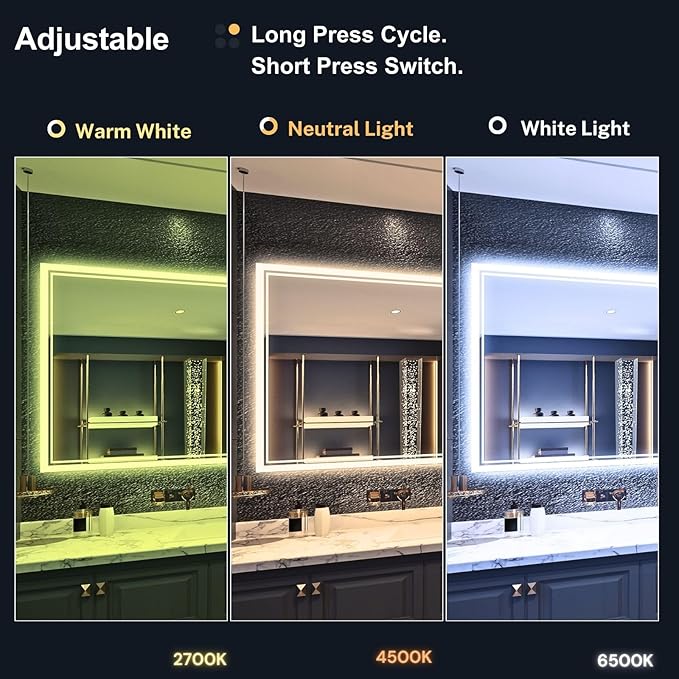 LED Bathroom Mirror 55"x 30", Backlit Bathroom Mirror with Lights,Stepless Dimmable,Anti-Fog, Shatter-Proof, Memory, 3 Colors Lighted Vanity Mirror (Horizontal/Vertical)