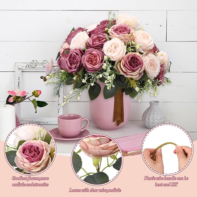 Geosar 8 Bundles Artificial Peonies Flowers Fake Silk Peony Bouquet Faux Peonies Flowers Bulk for Decoration Vase Floral Arrangements Wedding Party Table (Dusty Pink,Dusty Rose)