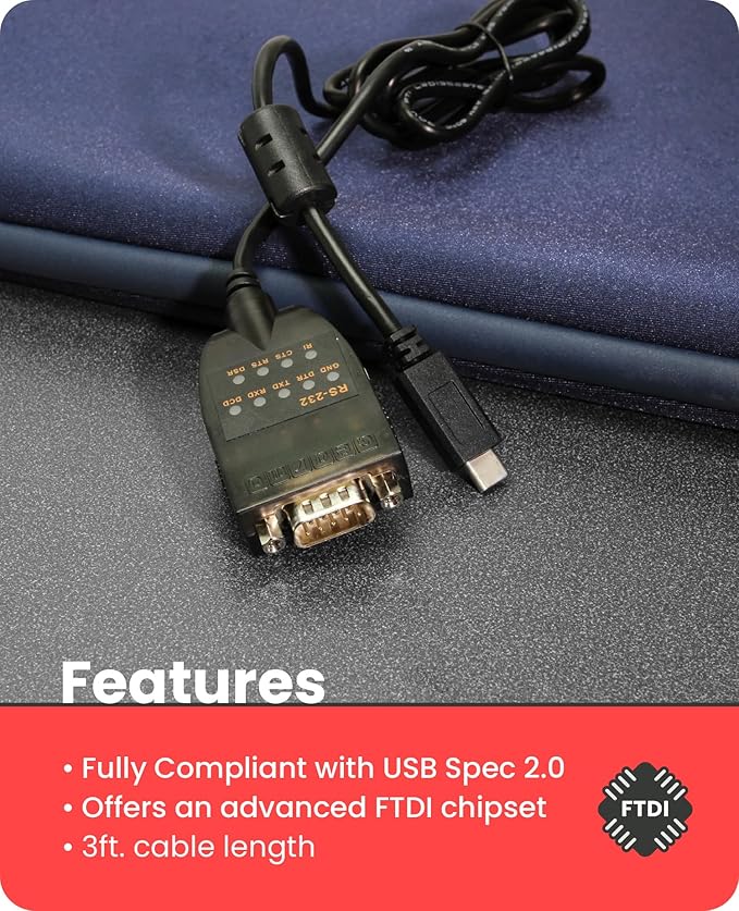 Gearmo USB C to RS232 Serial Adapter FTDI Chip LED Indicators High Speed Data Transfer Cross Platform Compatible 3 ft Cable