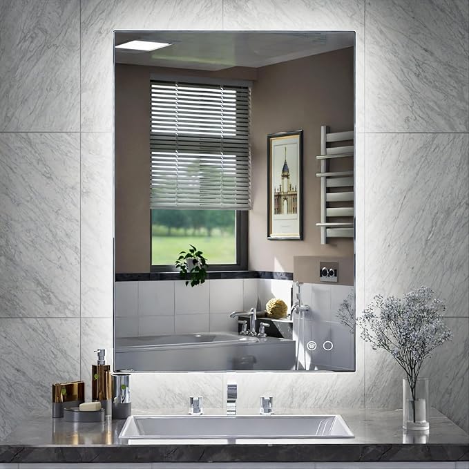 Keonjinn Backlit Mirror Bathroom 20” x 28”, Anti-Fog Mirror with Lights, CRI90+ HD Tempered Glass, Waterproof, UL Listed, Stepless Dimmable LED Mirrors for Bathroom, High Lumen, Waterproof