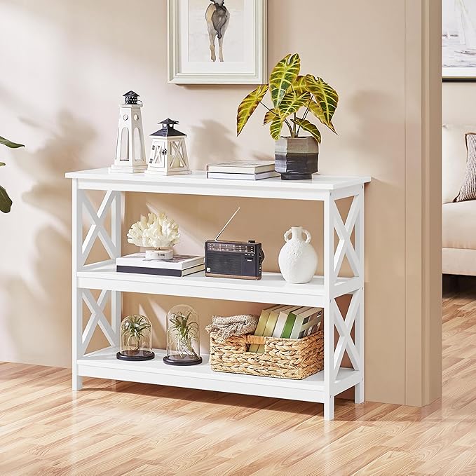 Yaheetech Console Table with 3 Storage Shelves, Entryway Table Sofa Side Table Narrow Long Bookshelf for Hallway Living Room, Accent Furniture, White