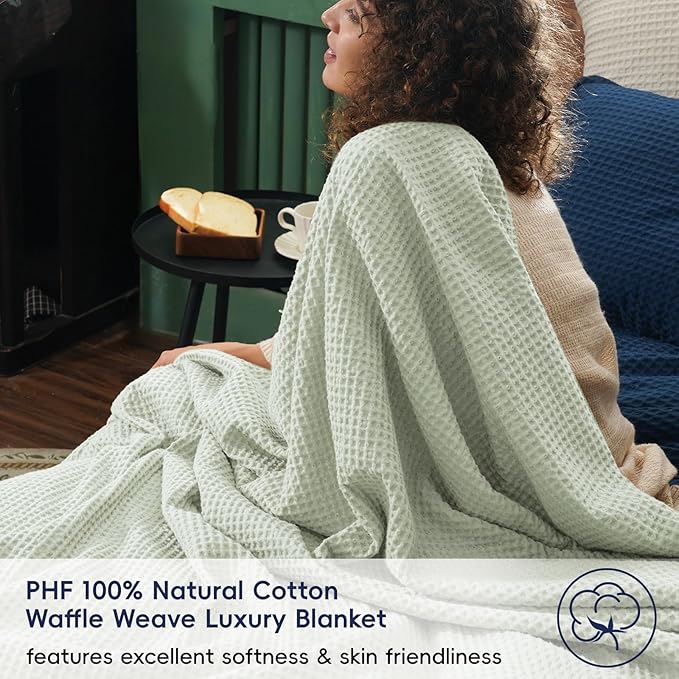 PHF Pre-Washed Cotton Waffle Weave Blanket Throw Size for Couch Bed,Snag Proof Spring Summer,Lightweight Breathable,Oeko-TEX Certified,Machine Washable, Home Decor Gift，Sage Green