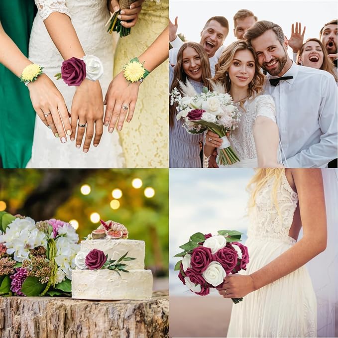 JOYLEX Artificial Flowers Realistic Roses, 50 pcs Real Looking Fake Roses with Stem for DIY Wedding Bouquets Centerpieces Bridal Shower Party Home Romantic Decorations (White & Wine Red)