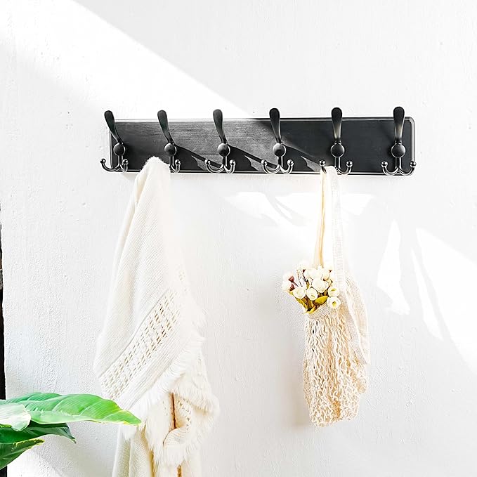 Dseap Coat Rack Wall Mounted - 24" Long 6 Tri Hooks, Heavy Duty Wooden Wall Coat Hanger Coat Hook for Clothes Hat Jacket Clothing, Black, Pack of 2