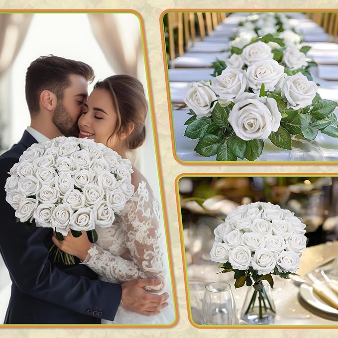 100 PCS Fake White Roses, Artificial Flowers Bulk Realistic Silk Faux Ivory Rose with Stems for Wedding Decorations Table Centerpieces Bridal Bouquet DIY Floral Arrangement Event Party Home Decor
