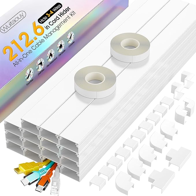 212.6in Cord Hider Kit, Cord Covers for 3-4 Wires on Wall, Cable Hider Wire Covers for Cords on Wall, Paintable Cord Hider for Walls Mount Tv, Cable Cover Raceway, W1.18 H0.6in, White