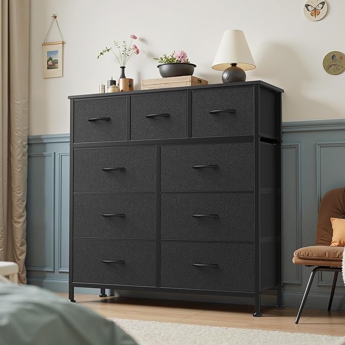 DUMOS 9 Drawer Dresser for Bedroom, Fabric Storage Organizer with Sturdy Metal Frame, Wooden Top Chest of Drawers for Closet Nursery Entryway Guest Room,Matte Black