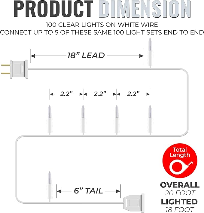 612 Vermont 100 Clear Christmas Lights on White Wire, UL Approved for Indoor/Outdoor Use, 18 Foot of Lighted Length, 20 Foot of Total Length