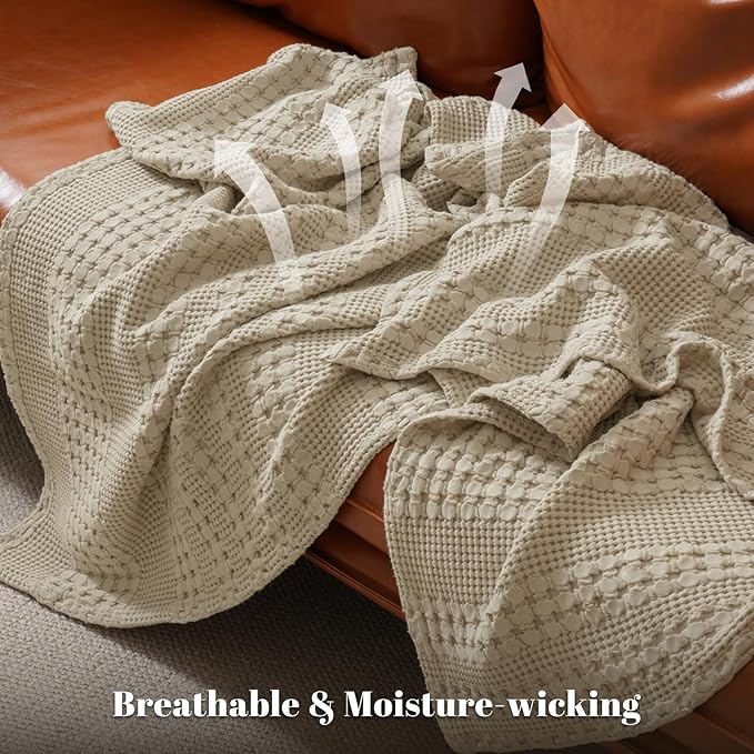 PHF 100% Cotton Waffle Weave Throw Blanket, Soft Lightweight Breathable Cozy Throws for Couch Bed Sofa, Luxury Aesthetic Woven Blanket for Home Decor & Office, 50"x60", Khaki