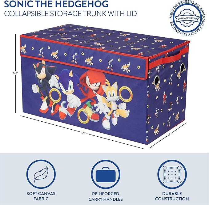 Idea Nuova Sega Sonic the Hedgehog Collapsible Storage Trunk,Durable Toy Chest with Soft Lid, 28.5x14.5x16, Foldable Organizer for Kids’ Bedroom & Playroom