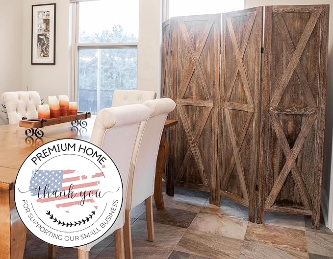 Premium Home 4-Panel Room Divider – Rustic Brown Barn Door, X Pattern Folding Privacy Screen, Partition Wall