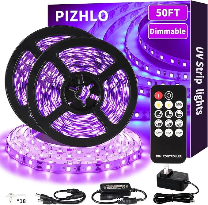 50 Foot Black Light Strips & Remote, Dimmable Flexible Blackights Strip Lights for Glow Party Body Paint Birthday Bedroom Room Fluorescent Tapestry Poster, Non-Waterproof 900 LEDs 50ft/15M