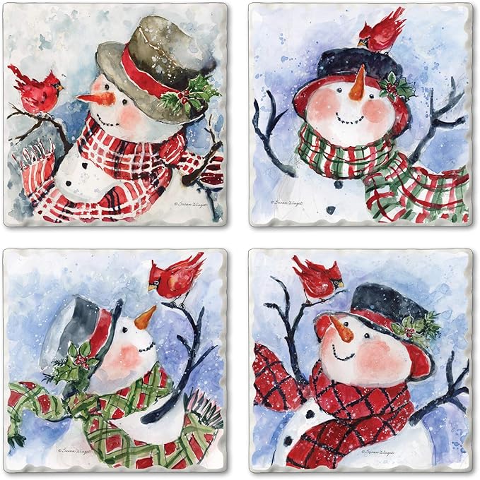 Thirstystone Watercolor Snowman 4 Pack Assorted Tumbled Tile Stone Coasters with Protective Cork Backing 4" Square Manufactured in The USA