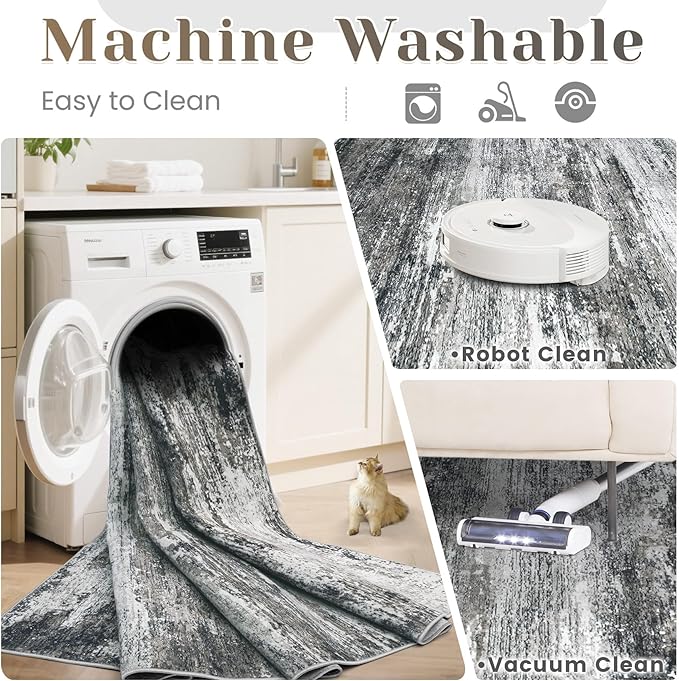 Washable Rug 5x7 Area Rugs for Living Room: Neutral Soft Rug Abstract Non Slip Low Pile Modern Carpet for Bedroom Kitchen Nursery Office Dining Room Indoor (Black, 5'x7')