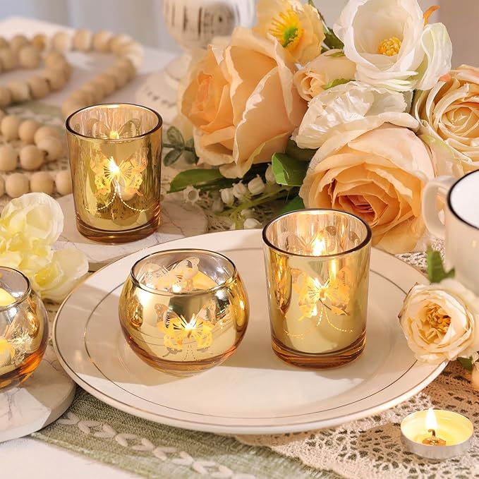 Gold 12 PCS Combination Tea Lights Candle Holder Decorative with Butterfly Pattern, Votive Candle Holders for Wedding, Birthday, Anniversary, Parties, and Holiday Decorations
