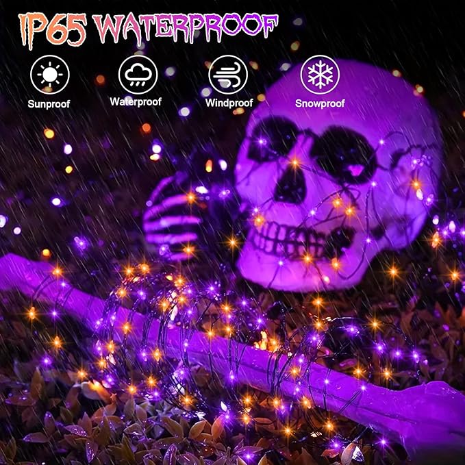 Purple Orange Halloween Timer Fairy Lights Battery Operated 4 Pack 16.4Ft 50 LED Black Wire Twinkle Lights with Timer 5 Modes for Halloween Indoor Outdoor Party Decoration