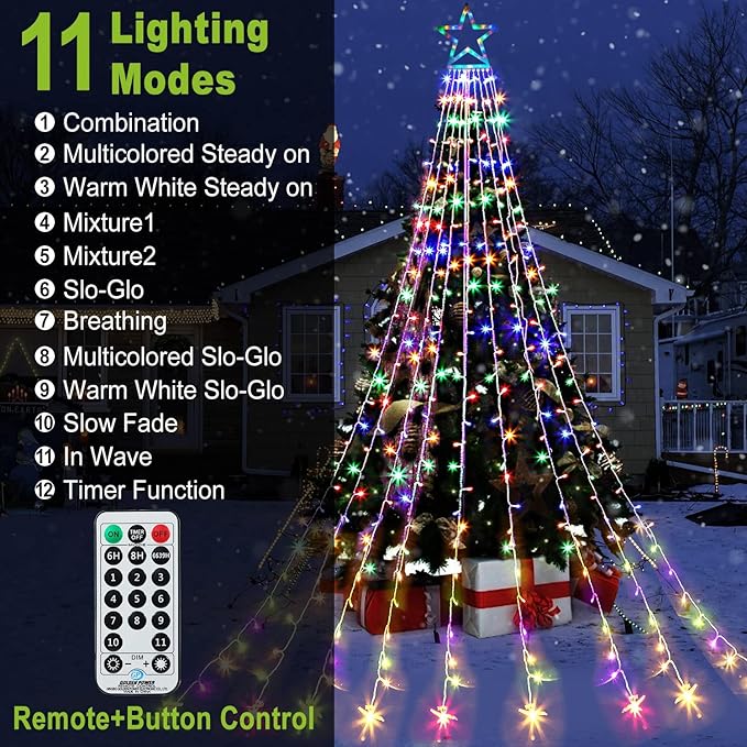 FUNIAO Christmas String Lights 320 LED Christmas Decorations Star Waterfall Lights with 11 Modes Remote Control for Tree Wall Yard Wedding Party (Warmwhite+Multicolored)
