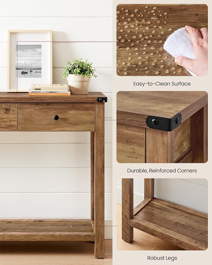 VASAGLE Console Table, Sofa Table, Narrow Entryway Table, Entry Table with 3 Drawers, Open Storage Shelf, Metal Corners, for Living Room, Farmhouse Style, Honey Brown ULNT142KB02S