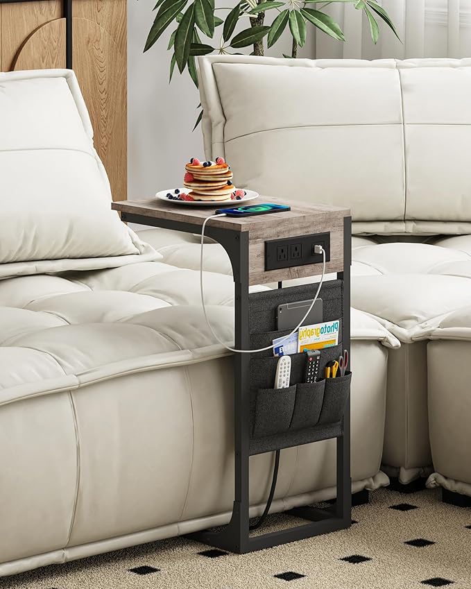 TUTOTAK C Shaped End Table with Charging Station, Side Table for Sofa, Couch Table with Storage Bag, Set of 2, TV Tray Table with 2 USB Ports and Outlets for Living Room, Bedroom, TB01BG0242