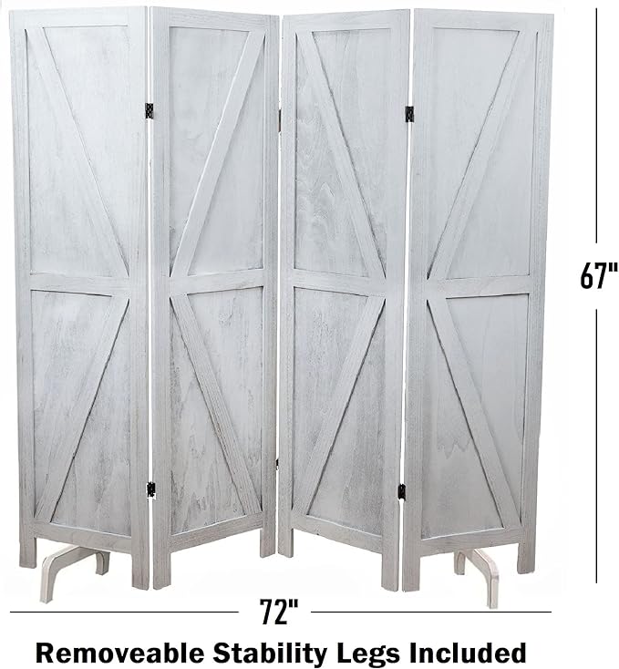 Premium Home 4-Panel Room Divider – Rustic White Barn Door, K Pattern Folding Privacy Screen, Partition Wall