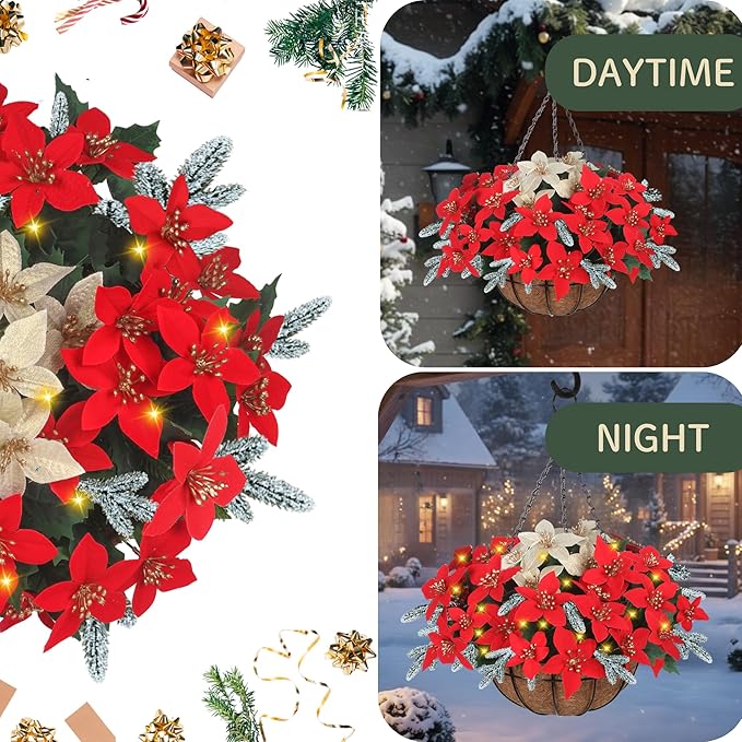 Florielle Artificial Fake Christmas Hanging Flowers Plants Basket with LED Lights, Faux Poinsettia, Pine Branches, for Outdoor New Year Xmas Decoration, Porch Home Holiday Decor (White)