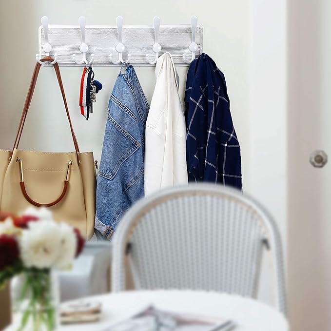 WEBI Coat Rack Wall Mounted,Wood Coat Hooks Wall Mount,16" Hole to Hole,Large Coat Hanger Wall Hook Rack,5 Triple Hooks for Hanging Coats,Hats,Jacket,Clothes,Entryway,White,2 Packs