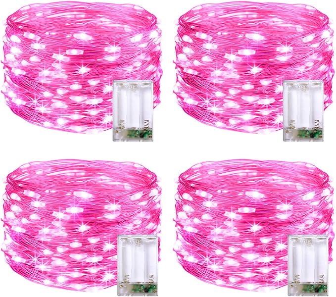 JMEXSUSS 4 Pack 50 LED Pink Fairy Lights Battery Operated, 16.1ft Christmas Fairy Lights Indoor Outdoor Waterproof, Pink String Lights for Bedroom Wedding Birthday Valentine Christmas Decorations