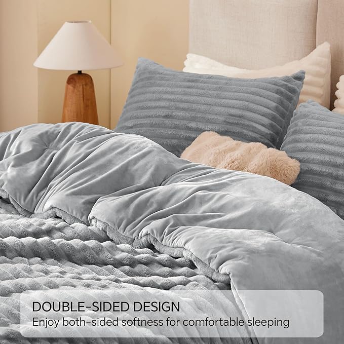 BEDELITE Fleece King Comforter Set -Super Soft & Warm Fluffy Light Grey Bedding, Luxury Fuzzy Heavy Bed Set for Winter with 2 Pillow Cases
