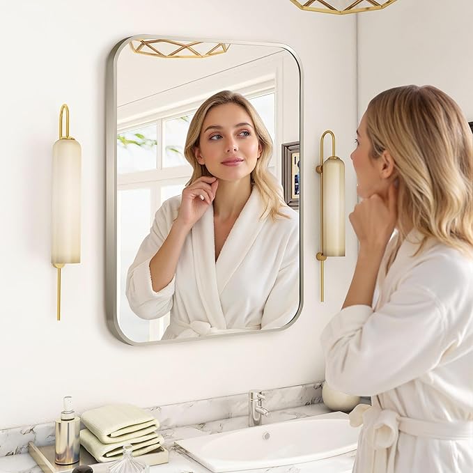 24"x36" Brushed Nickel Bathroom Vanity Mirror for Over Sink, Rounded Rectangle Silver Metal Frame Mirror for Wall, Living Room, Entryway, Vertical or Horizontal