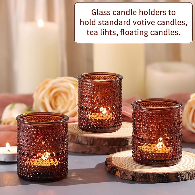 15Pcs Glass Votive Candle Holders, Amber Tea Light Candle Holders Vintage Fall Tealight Candle Holder Bulk for Autumn, Thanksgiving Table Centerpieces, Christmas Decor (Amber)