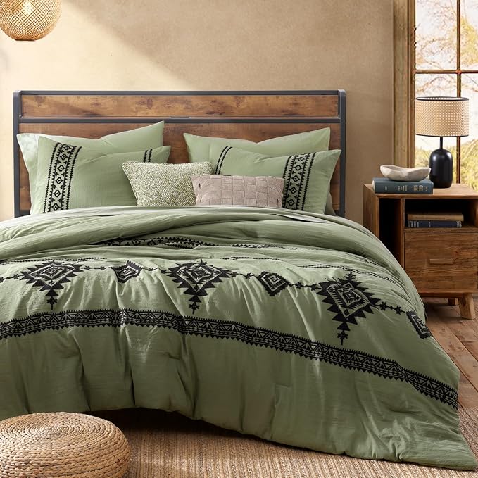 MaiRêve Embroidery King Size Comforter Set Light Olive Green, Farmhouse Western Boho Bedding Set 7 Pieces, All Season Bed in A Bag Comforter Set with Sheets, Pillowcases & Shams
