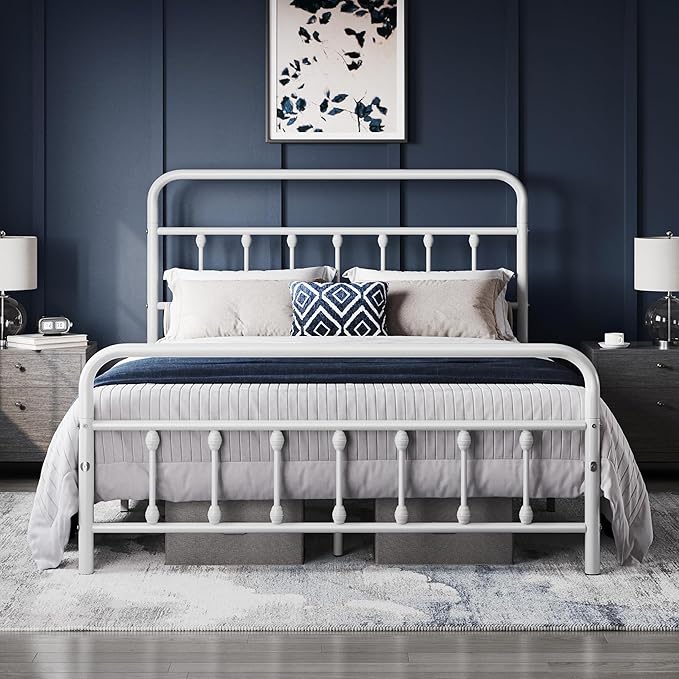 Yaheetech Classic Metal Platform Bed Frame Mattress Foundation with Victorian Style Iron-Art Headboard/Footboard/Under Bed Storage/No Box Spring Needed/Queen Size White