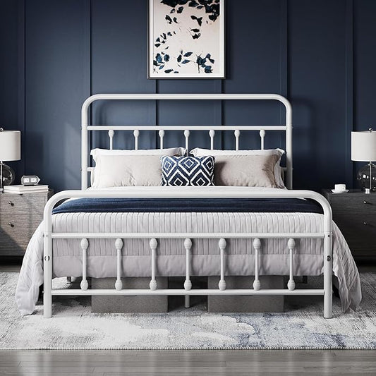 Yaheetech Classic Metal Platform Bed Frame Mattress Foundation with Victorian Style Iron-Art Headboard/Footboard/Under Bed Storage/No Box Spring Needed/Queen Size White
