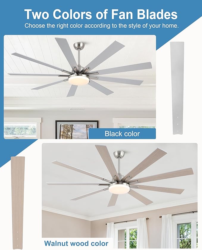 72 Inch Ceiling Fans with Lights,Large Modern Ceiling fan with Remote and 9 Wooden Blades,Dimmable,6 Speeds,Noiseless Reversible Indoor&Outdoor Fan for Bedroom,Patio,Living Room