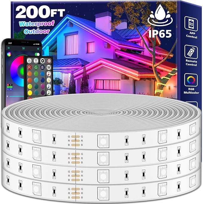 FBZ 200Ft Outdoor Waterproof LED Strip Lights,Music Sync RGB IP65 Led Lights with App Control and Remote,Color Changing Waterproof Led Rope Lights for Outdoor,Balcony,Roof,Garden,Stairs Party (200FT)