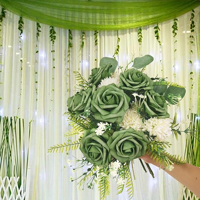 Artificial Rose Flowers 25pcs, Military Green Foam Fake Rose Faux Flower for Wedding Bouquets Bridal Shower Centerpieces Floral Arrangements Home Decorations Party Backdrops Table
