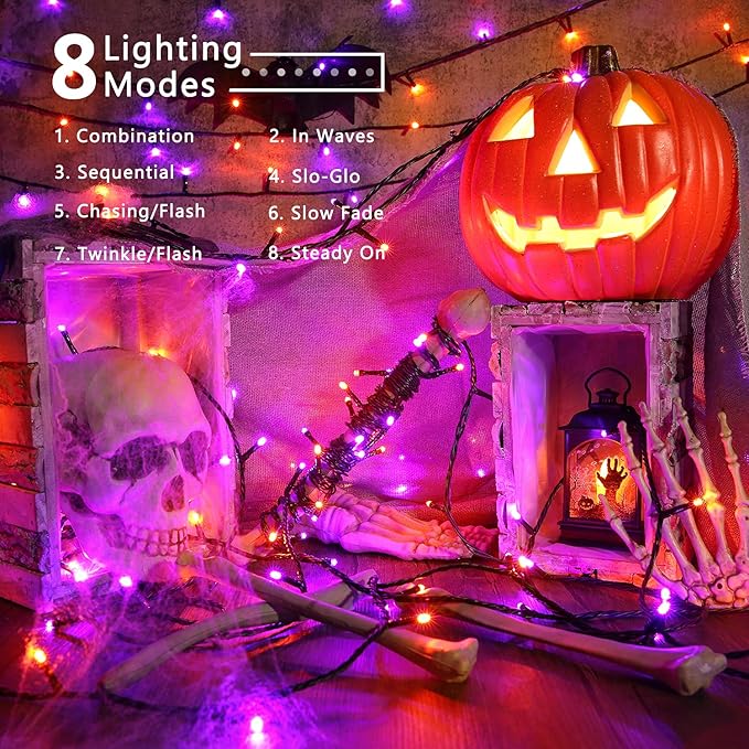 ODEETRONIC Orange & Purple Halloween Lights, 98.42ft 300 LED Orange Lights, Connectable 8 Modes Mini String Light, Plug in Twinkle Purple Halloween Light Waterproof for Holiday Party Home Garden Decor