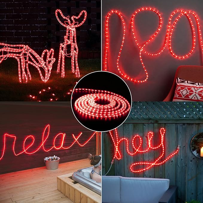 Brizled Rope Lights Outdoor, 18ft 216 LED Red Christmas Rope Lights Connectable, 120V Plugin Red Christmas Light Waterproof Clear Tube Lighting Indoor for Xmas Patio Garden Party Home Decorations