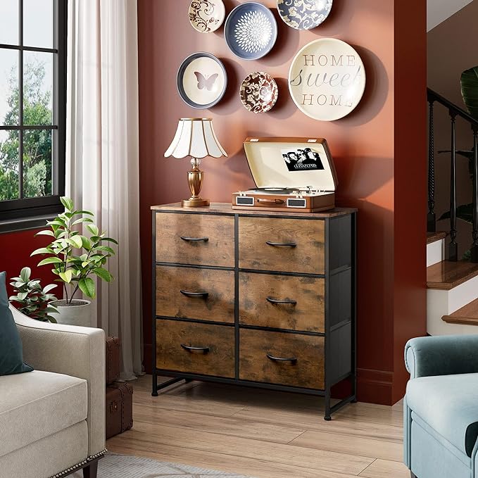 WLIVE 6 Drawer Dresser for Bedroom, Fabric Double Dresser, Storage Tower with Fabric Bins, Chest of Drawers for Closet, Living Room, Hallway, Rustic Brown Wood Grain Print