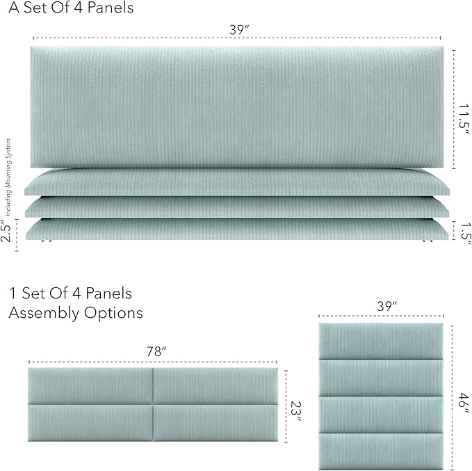 Vänt Upholstered Wall Panels - King/Cal King Size Wall Mounted Headboards - Ribbed Iceland Blue - Twin/King - Set of 4 Panels (Each Individual Panel 39"x11.5")