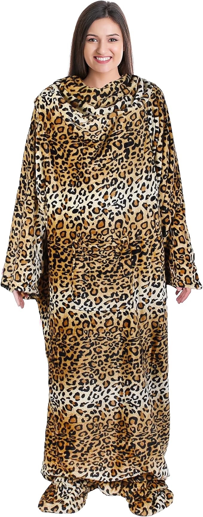 Catalonia Wearable Fleece Blanket with Sleeves and Foot Pockets for Adult Women Men, Micro Plush Comfy Wrap Sleeved Throw Blanket Robe Large, Cheetah