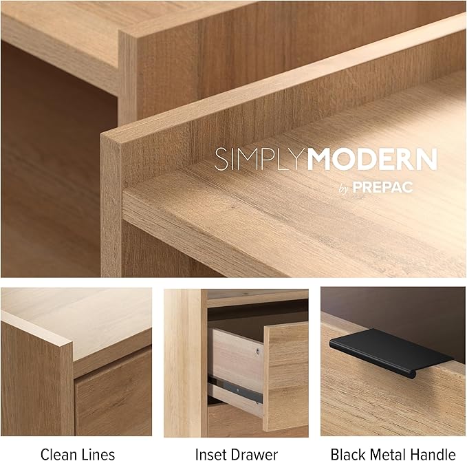 Prepac Simply Modern Nightstand Bedside Table, Natural Oak Nightstand for Bedroom, End Table with 3 Drawers 26.5" W x 26.75" H x 16" D