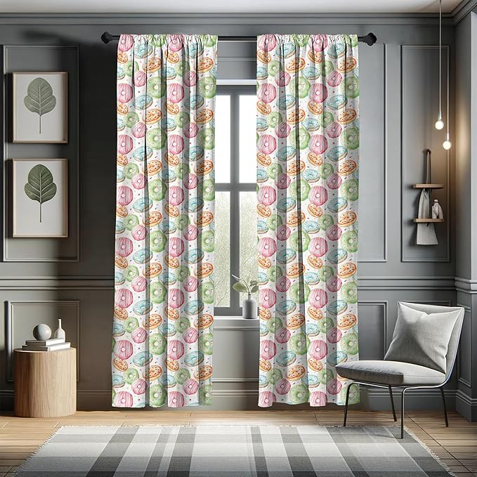 Ambesonne Watercolor Window Curtains, Delicious Donuts Pattern Various Flavors Sprinkles Stars Background, Lightweight Decor 2-Panel Set with Rod Pocket, Pair of - 28" x 84", Pale Fern
