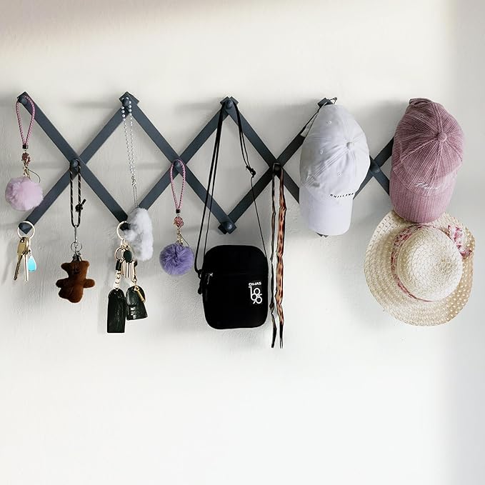 SKOLOO Hat Rack for Wall with 14 Hooks, Solid Wooden, Modern, Expandable Coat Rack Wall Mount for Coats, Hats, Bags, Baseball Caps, Dusty Gray Oak