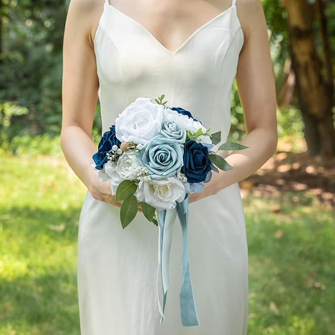 ponatia Dusty Blue Wedding Bouquets for Bride Bridesmaid, White Wedding Artificial Roses Flowers for Wedding Bouquets Ceremony, Anniversary (Dusty Blue & White)