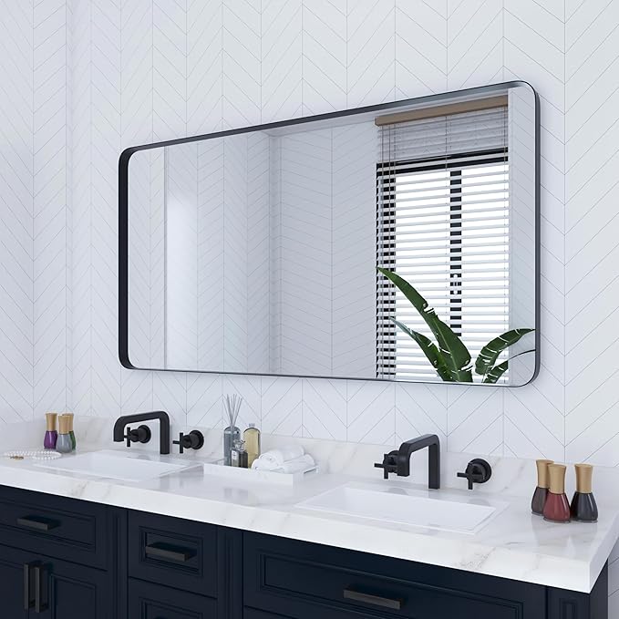 VocalStar 55 x 30 Inch Black Bathroom Mirror for Wall, Large Rounded Rectangle Metal Framed Bathroom Wall Vanity Mirror Farmhouse, 1/4-inch Shatterproof Glass | Ultra-Flush Hanging